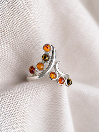 Vintage Amber Ring, Sterling Silver Floral Swirl Statement Ring, Boho Everyday Jewelry