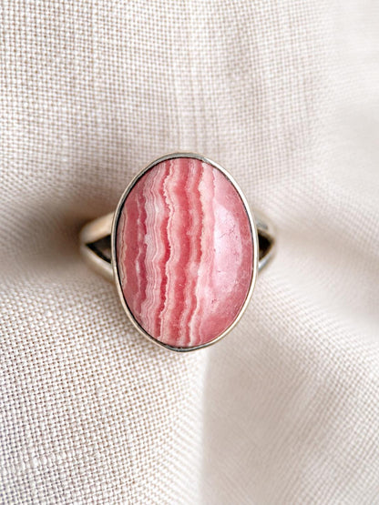 Vintage Rhodochrosite Ring, Sterling Silver Oval Bezel Statement Ring, Boho Everyday Jewelry