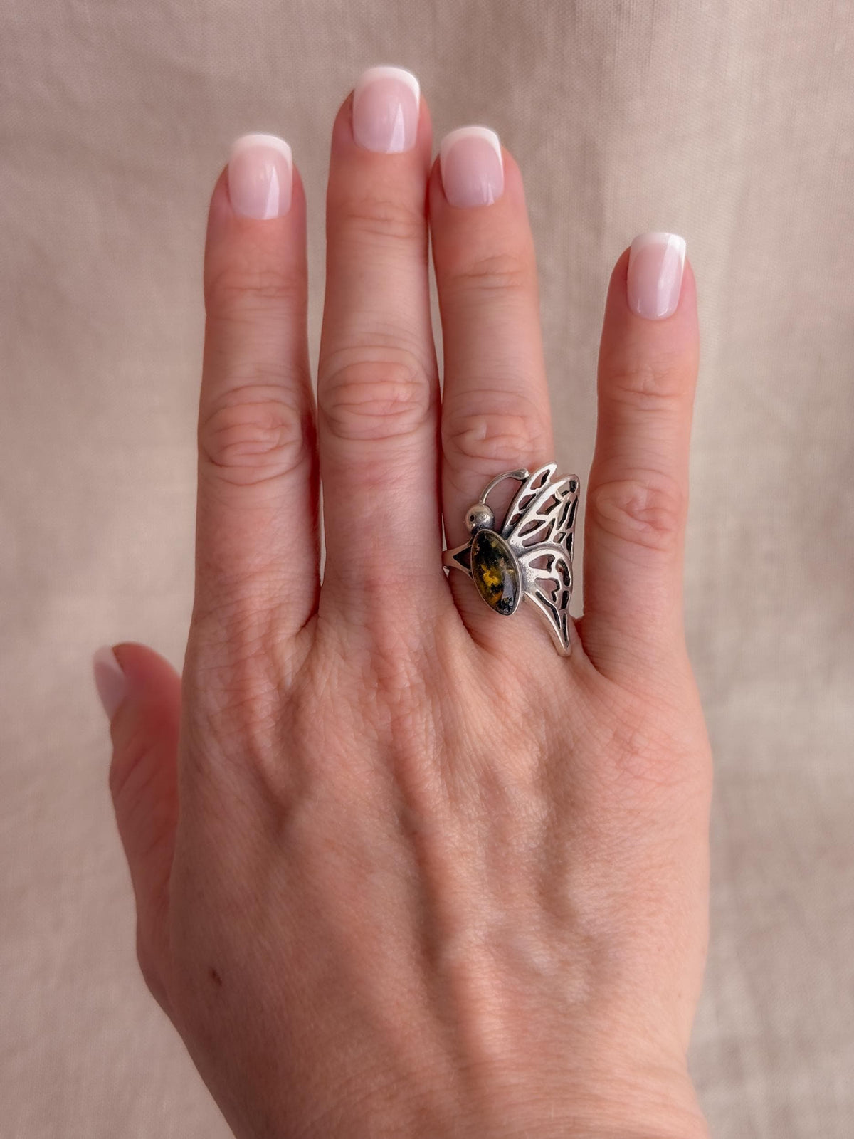 Vintage Amber Ring, Sterling Silver Butterfly Filigree Statement Ring, Boho Everyday Jewelry