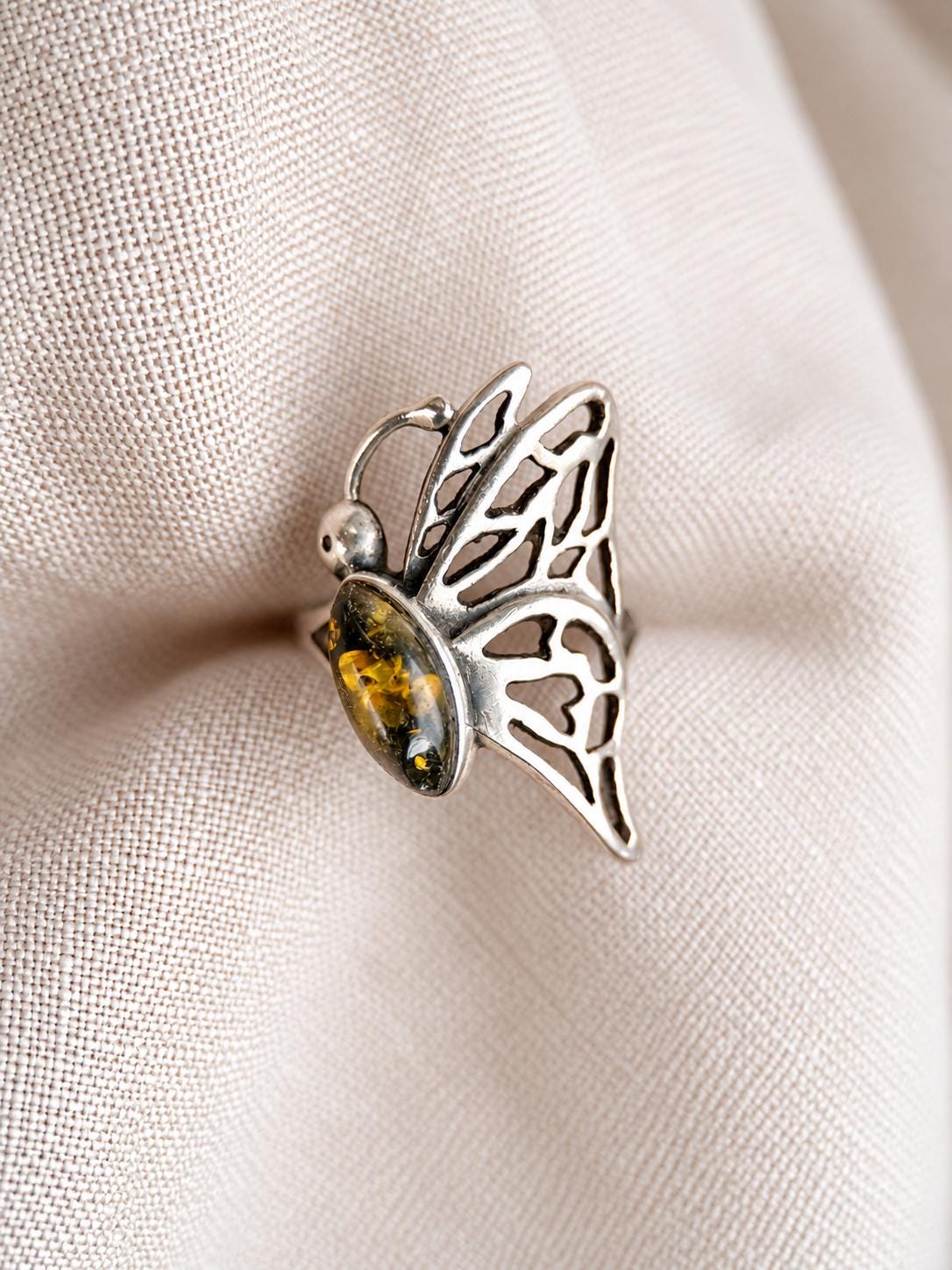 Vintage Amber Ring, Sterling Silver Butterfly Filigree Statement Ring, Boho Everyday Jewelry