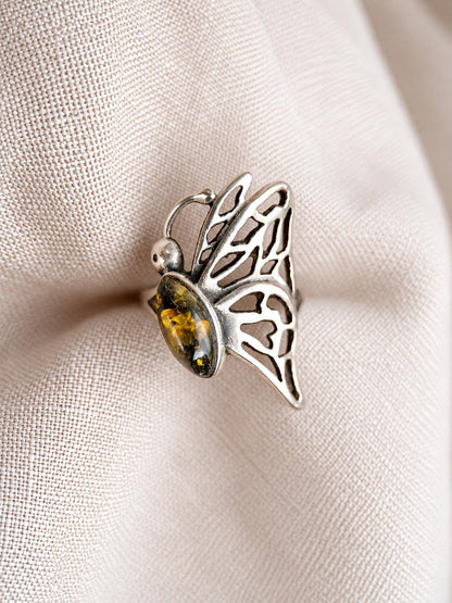 Vintage Amber Ring, Sterling Silver Butterfly Filigree Statement Ring, Boho Everyday Jewelry