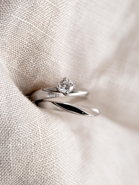 Vintage Diamond Engagement & Wedding Ring, Round Cut, 14k White Gold, 1950s Mid-Century Bridal Set