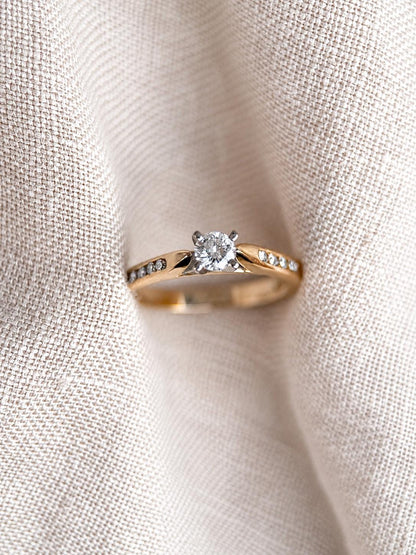 Vintage Diamond Engagement Ring, Round Cut, 14k Gold, 1990s Channel Set Cathedral