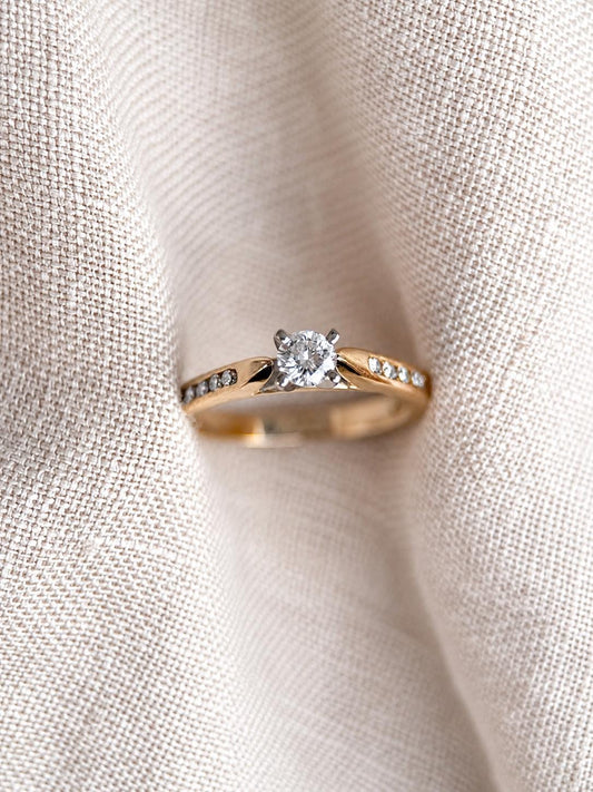 Vintage Diamond Engagement Ring, Round Cut, 14k Gold, 1990s Channel Set Cathedral