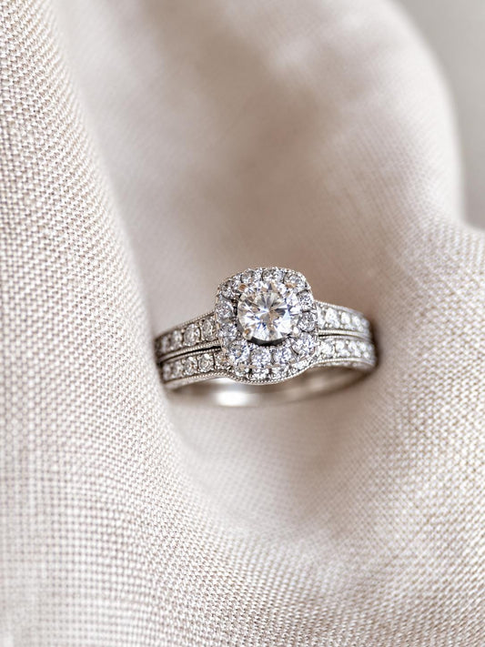 Vintage Diamond Engagement Ring, Round Cut, 14k White Gold, 2000s Neil Lane Cushion Halo