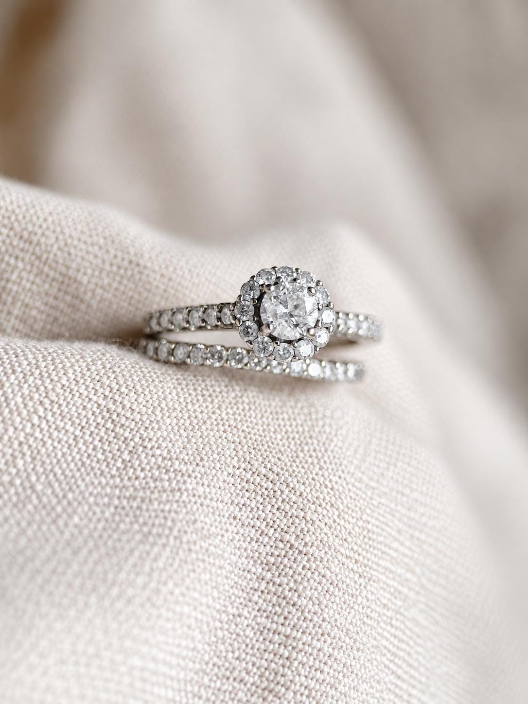 Vintage Diamond Engagement & Wedding Ring Set, Round Cut, 14k White Gold, 1990s Halo Setting