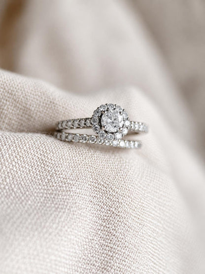 Vintage Diamond Engagement & Wedding Ring Set, Round Cut, 14k White Gold, 1990s Halo Setting