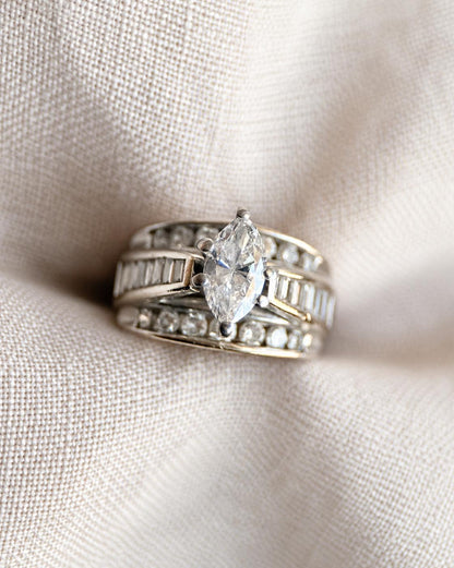 Vintage Diamond Engagement Ring, Marquise Cut, 14k White Gold, Channel Set Cathedral Bridal Ring