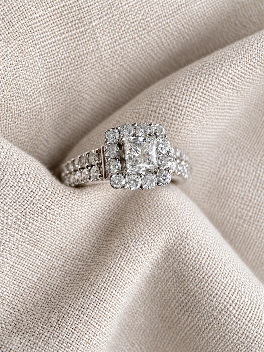 Vintage Diamond Engagement Ring, Princess Cut, 14k White Gold, 1990s Halo Bridal Ring