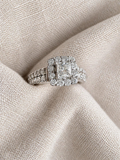 Vintage Diamond Engagement Ring, Princess Cut, 14k White Gold, 1990s Halo Bridal Ring