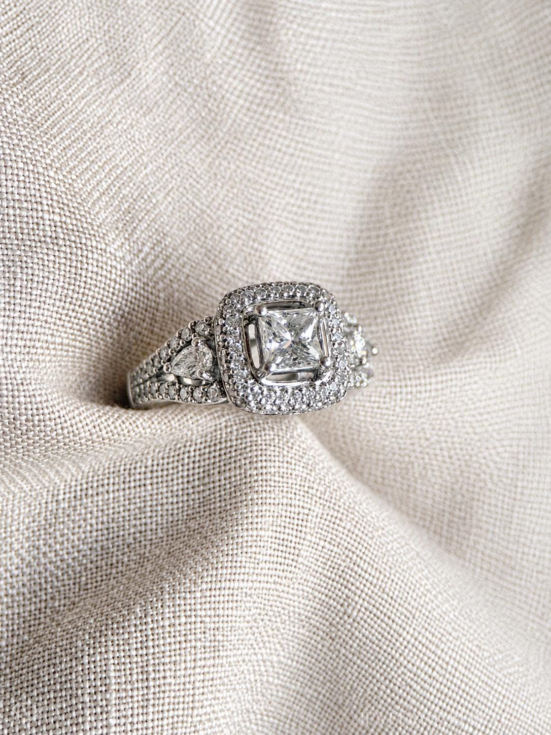 Vintage Diamond Engagement Ring, Princess Cut, Platinum, 1990s Ornate Halo Bridal Ring