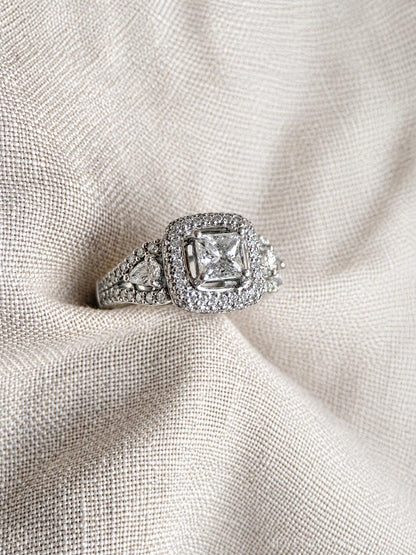Vintage Diamond Engagement Ring, Princess Cut, Platinum, 1990s Ornate Halo Bridal Ring
