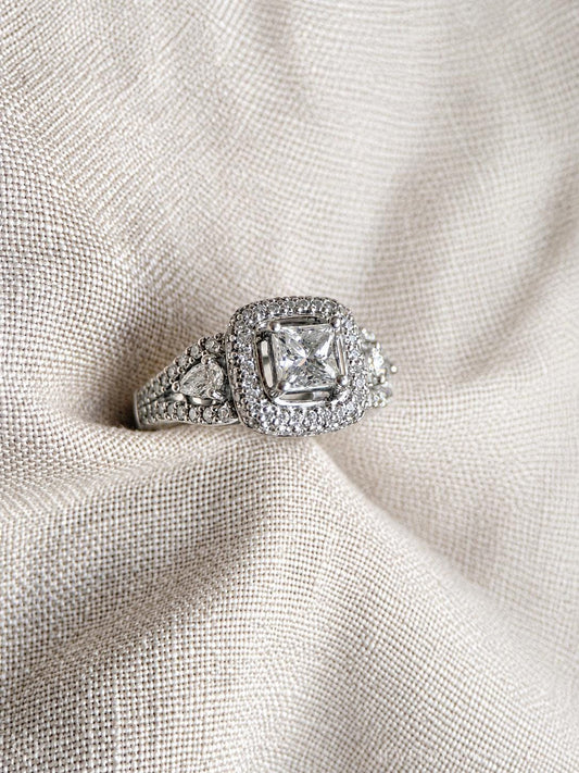 Vintage Diamond Engagement Ring, Princess Cut, Platinum, 1990s Ornate Halo Bridal Ring