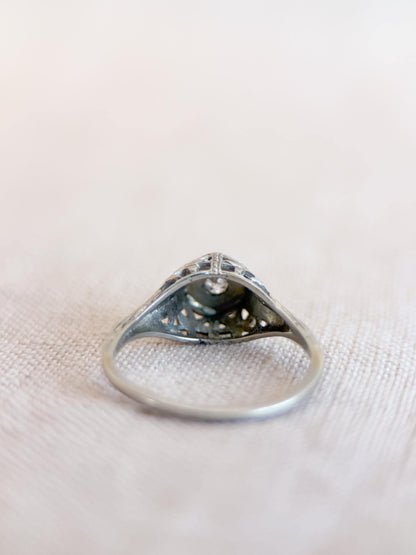 Vintage Diamond Engagement Ring, Round Cut, 14k White Gold, Antique Filigree Bridal Ring