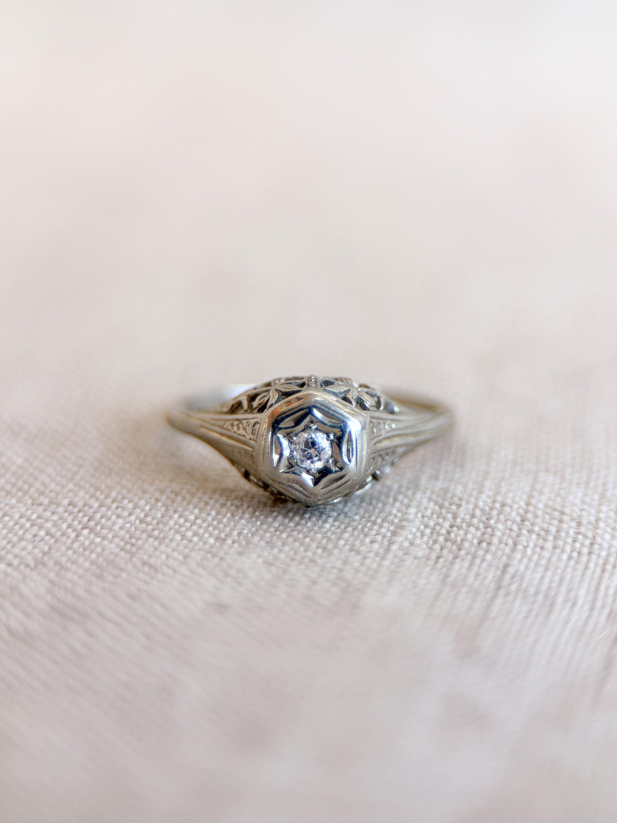 Vintage Diamond Engagement Ring, Round Cut, 14k White Gold, Antique Filigree Bridal Ring