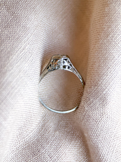 Vintage Diamond Engagement Ring, Round Cut, 14k White Gold, Antique Filigree Bridal Ring