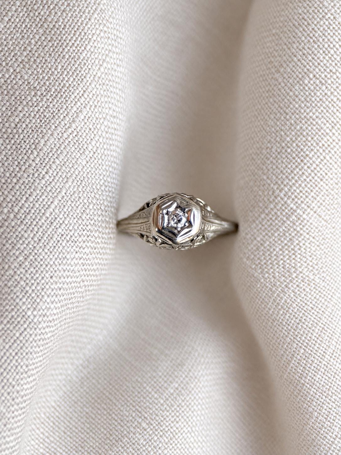 Vintage Diamond Engagement Ring, Round Cut, 14k White Gold, Antique Filigree Bridal Ring