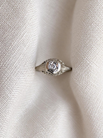 Vintage Diamond Engagement Ring, Round Cut, 14k White Gold, Antique Filigree Bridal Ring