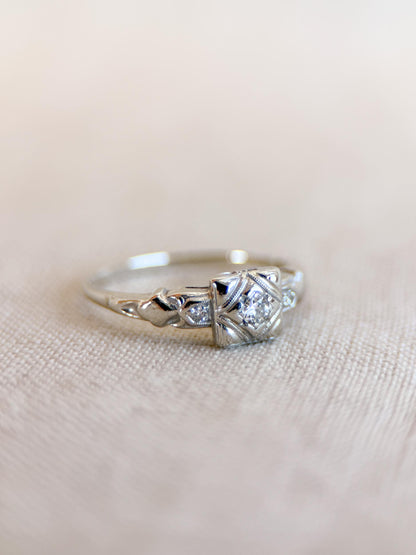 Vintage Diamond Engagement Ring, Round Cut, 14k White Gold, Antique Art Deco Bridal Ring