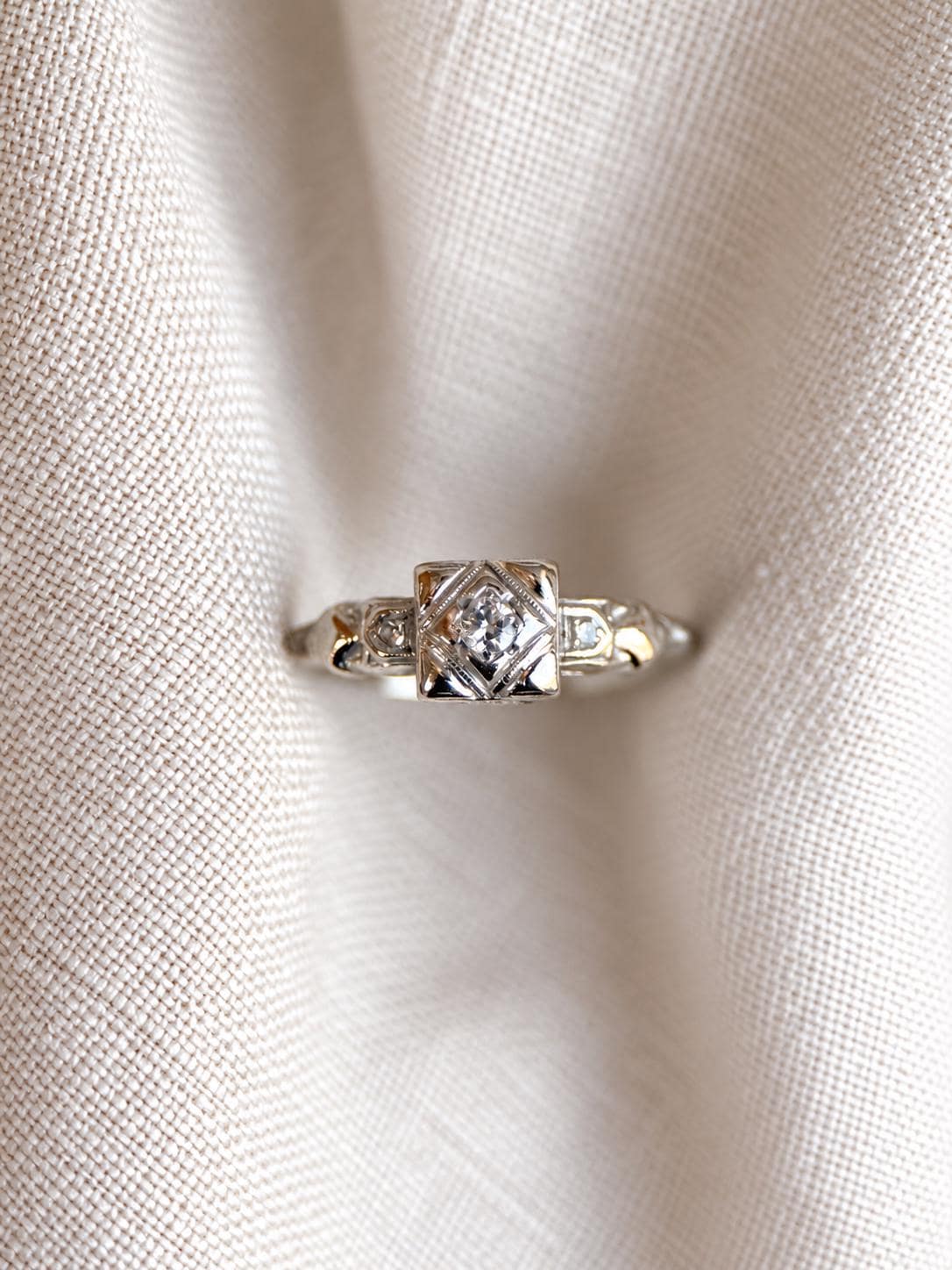 Vintage Diamond Engagement Ring, Round Cut, 14k White Gold, Antique Art Deco Bridal Ring