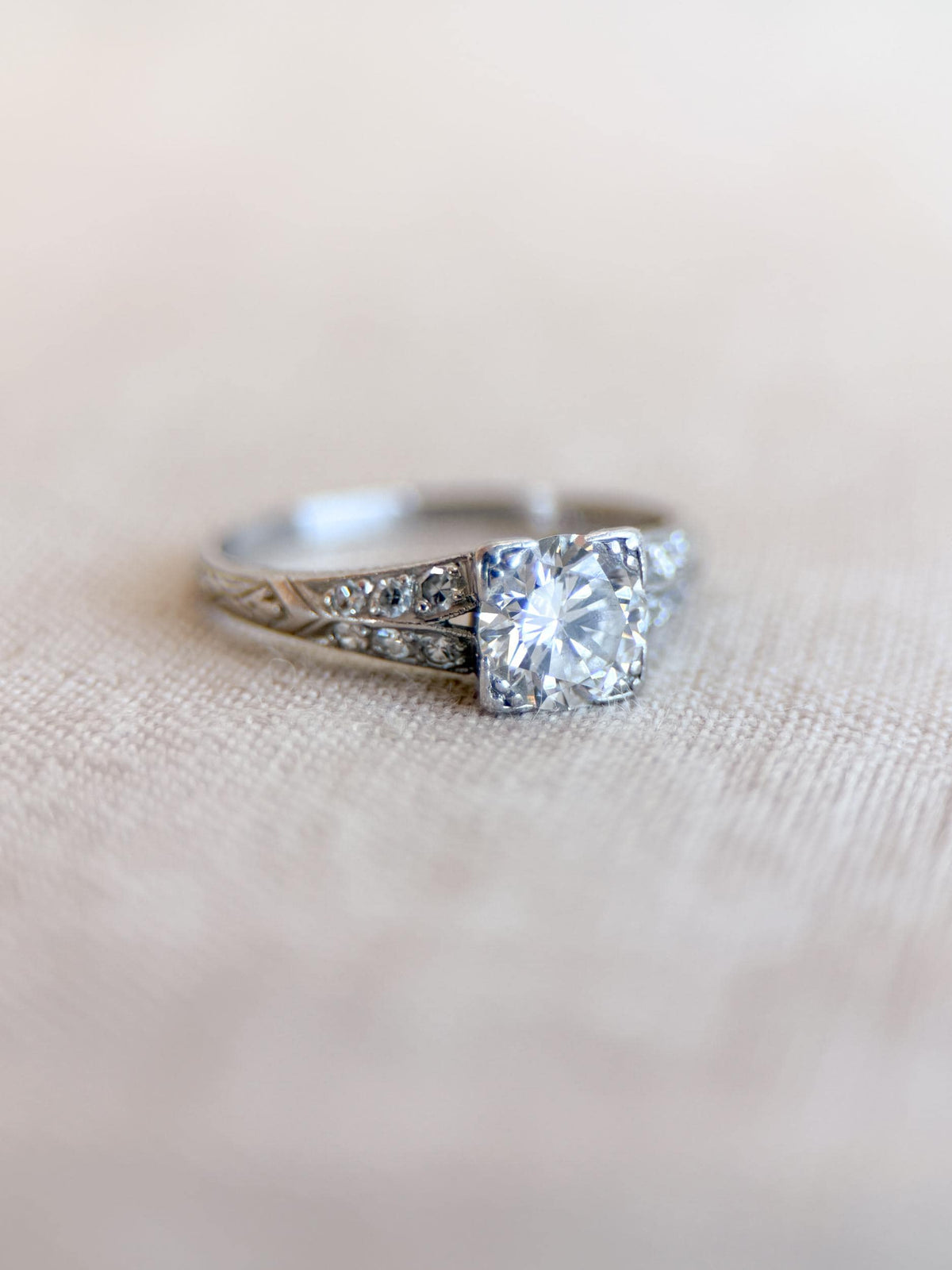 Vintage Diamond Engagement Ring, Round Cut, Platinum, Antique Filigree Art Deco Bridal Ring