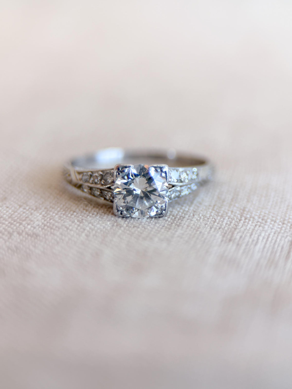 Vintage Diamond Engagement Ring, Round Cut, Platinum, Antique Filigree Art Deco Bridal Ring