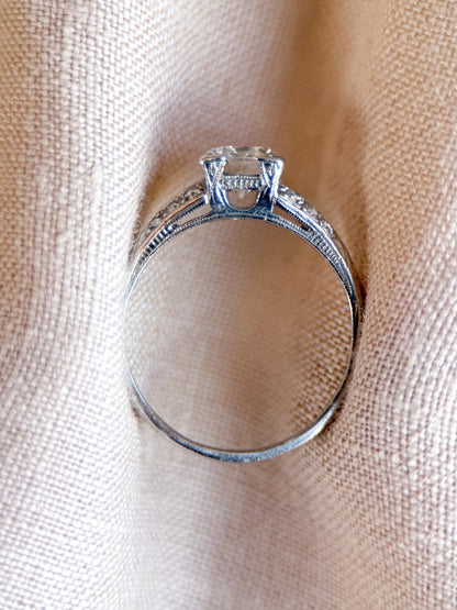 Vintage Diamond Engagement Ring, Round Cut, Platinum, Antique Filigree Art Deco Bridal Ring