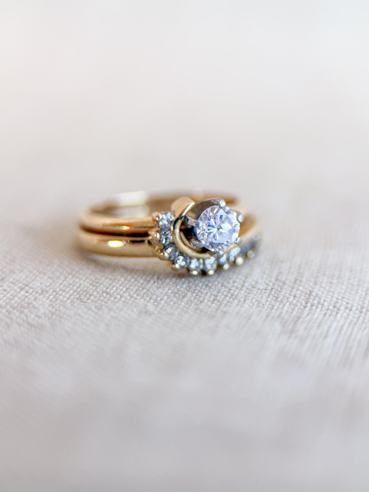 Vintage Diamond Engagement Ring and Wedding Band, Round Cut, 14k Gold Wrap Bridal Set