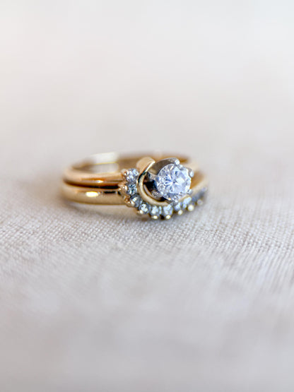 Vintage Diamond Engagement Ring and Wedding Band, Round Cut, 14k Gold Wrap Bridal Set