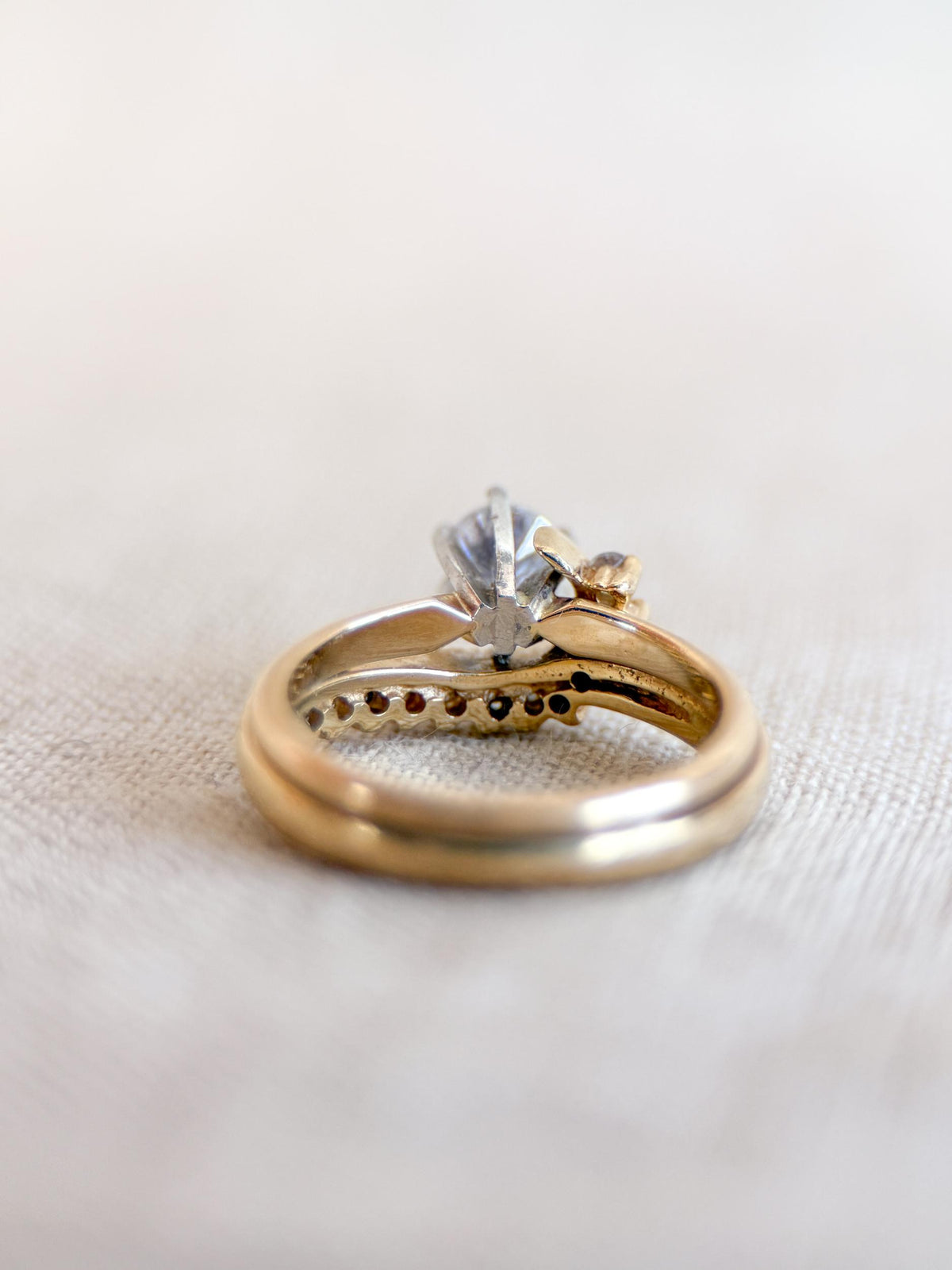 Vintage Diamond Engagement Ring and Wedding Band, Round Cut, 14k Gold Wrap Bridal Set
