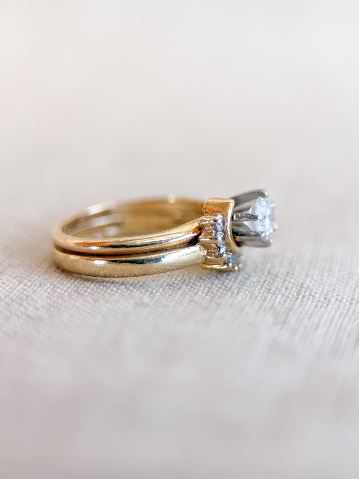 Vintage Diamond Engagement Ring and Wedding Band, Round Cut, 14k Gold Wrap Bridal Set