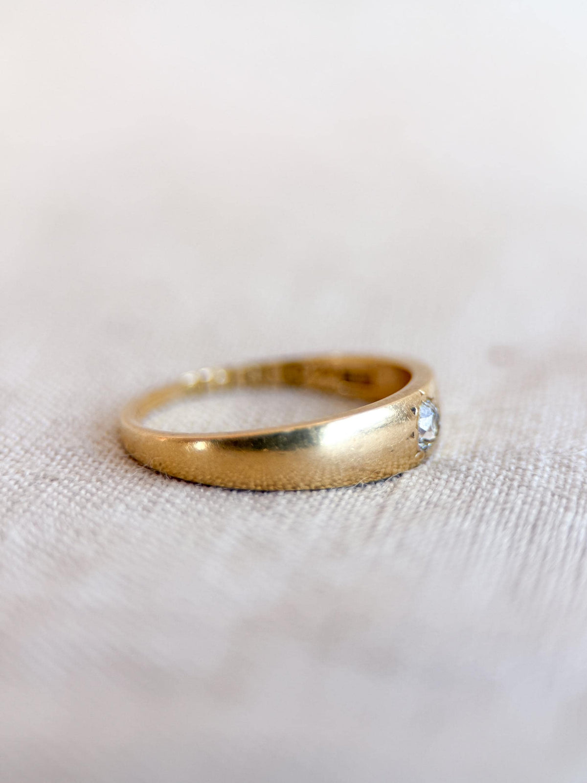 Vintage Diamond Engagement Ring, Old Mine Cut, 18k Gold, Flush Set Solitaire Bridal Band
