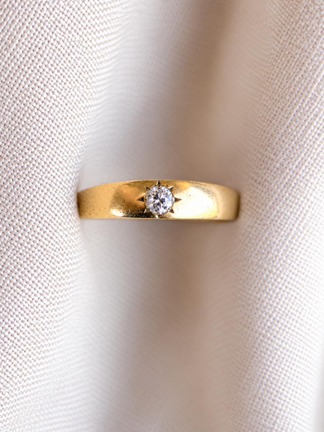 Vintage Diamond Engagement Ring, Old Mine Cut, 18k Gold, Flush Set Solitaire Bridal Band