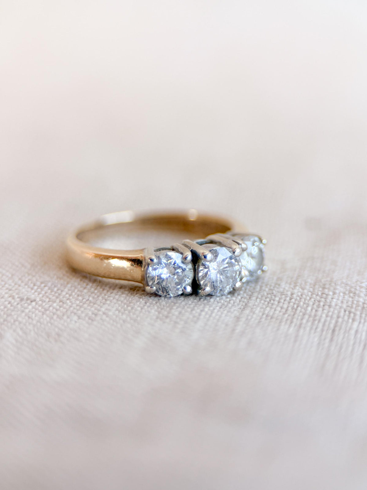 Vintage Diamond Engagement Ring, Round Cut, 14k Gold, Three Stone Prong Set Bridal Ring