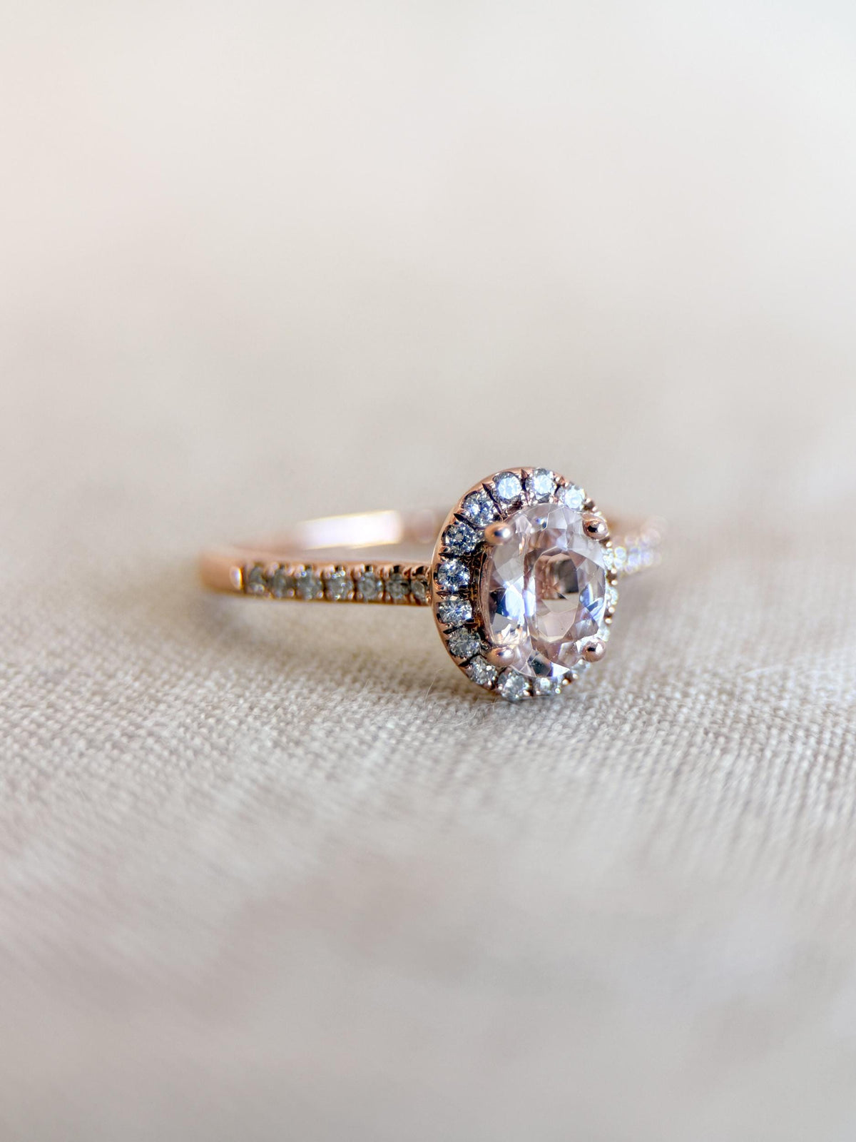 Vintage Morganite Engagement Ring, Oval Cut, 14k Rose Gold, Diamond Halo Pink Bridal Ring
