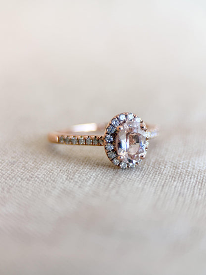 Vintage Morganite Engagement Ring, Oval Cut, 14k Rose Gold, Diamond Halo Pink Bridal Ring