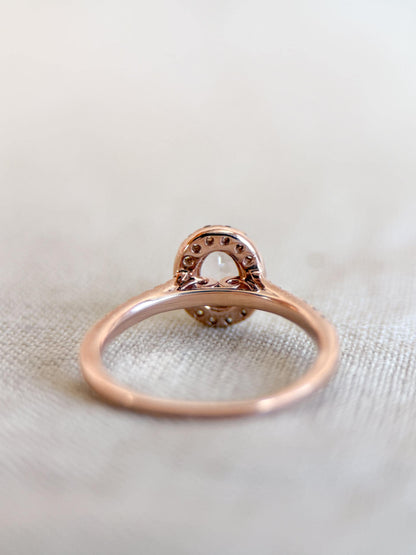 Vintage Morganite Engagement Ring, Oval Cut, 14k Rose Gold, Diamond Halo Pink Bridal Ring