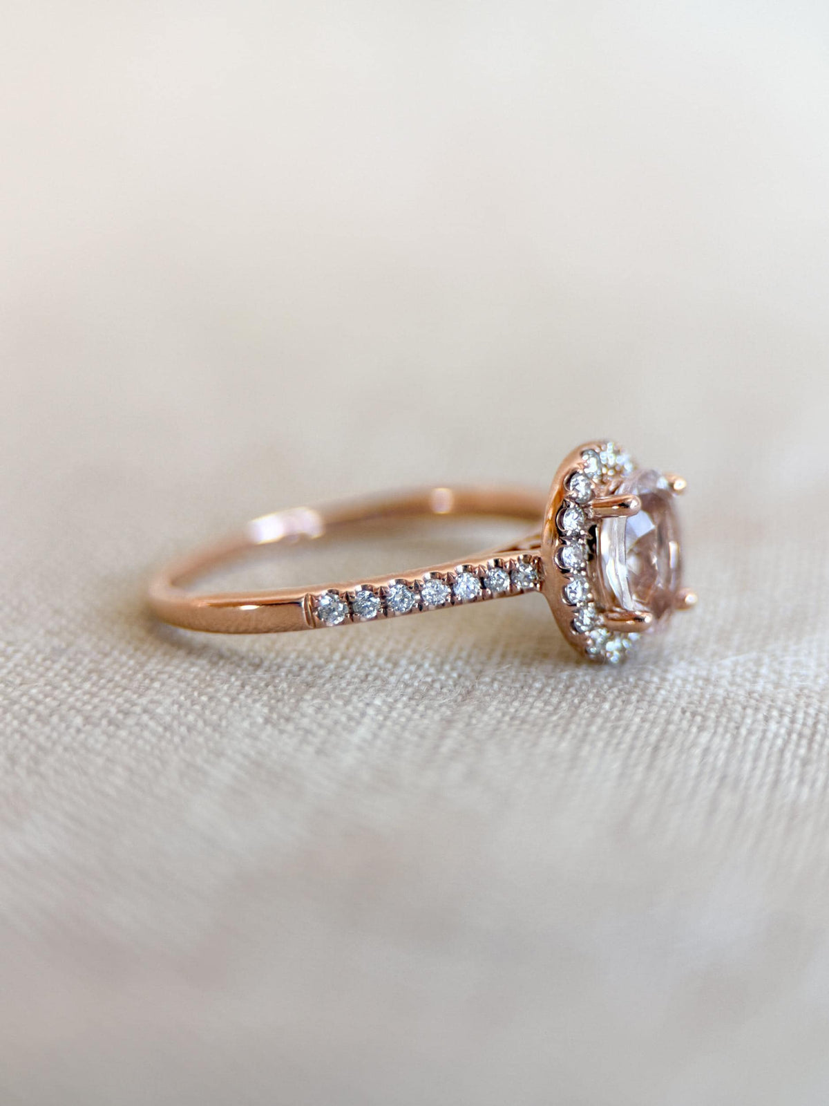 Vintage Morganite Engagement Ring, Oval Cut, 14k Rose Gold, Diamond Halo Pink Bridal Ring