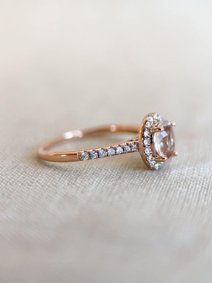 Vintage Morganite Engagement Ring, Oval Cut, 14k Rose Gold, Diamond Halo Pink Bridal Ring