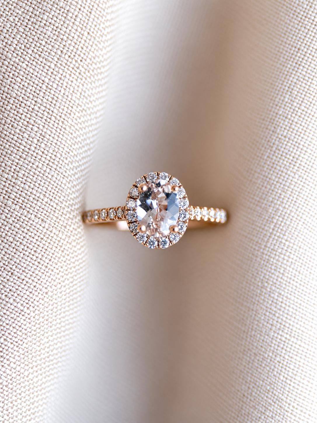 Vintage Morganite Engagement Ring, Oval Cut, 14k Rose Gold, Diamond Halo Pink Bridal Ring