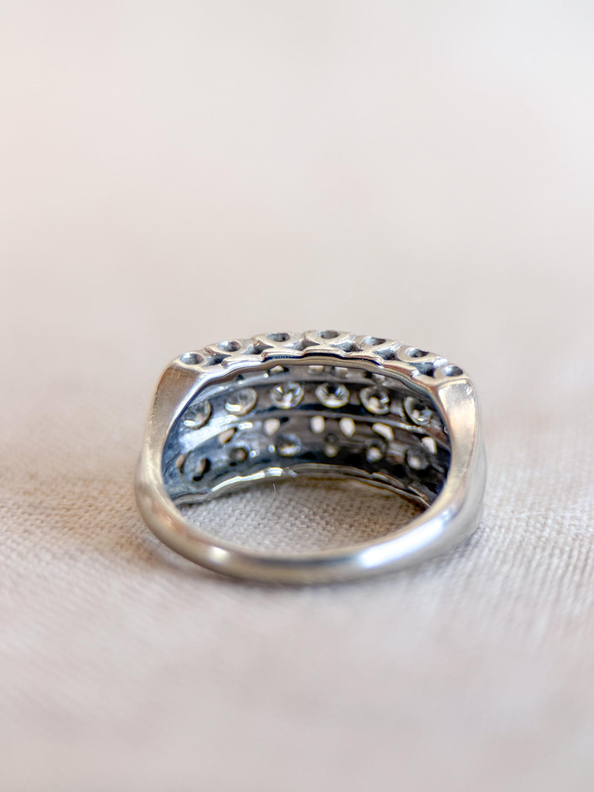 Vintage Diamond Anniversary Band, 14k White Gold, Art Deco Wedding Ring, Wide Filigree Band