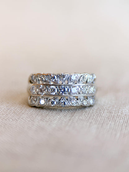 Vintage Diamond Anniversary Band, 14k White Gold, Art Deco Wedding Ring, Wide Filigree Band