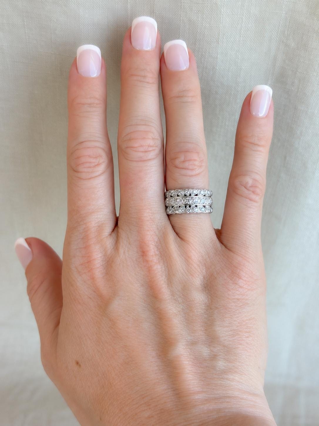 Vintage Diamond Anniversary Band, 14k White Gold, Art Deco Wedding Ring, Wide Filigree Band