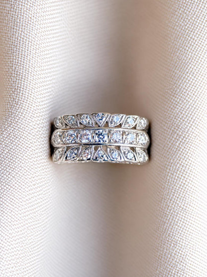 Vintage Diamond Anniversary Band, 14k White Gold, Art Deco Wedding Ring, Wide Filigree Band