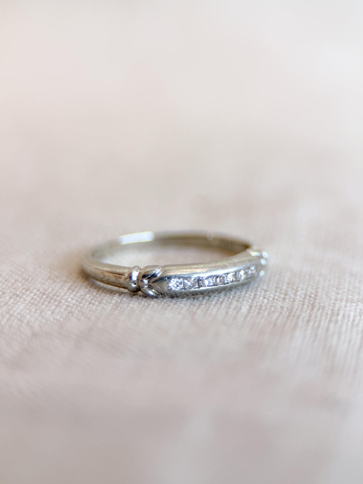 Vintage Diamond Wedding Band, 18k White Gold, Art Deco Minimalist Ring, Stacking Band