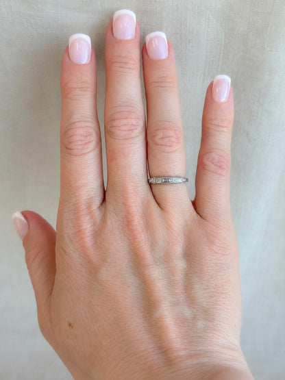 Vintage Diamond Wedding Band, 18k White Gold, Art Deco Minimalist Ring, Stacking Band