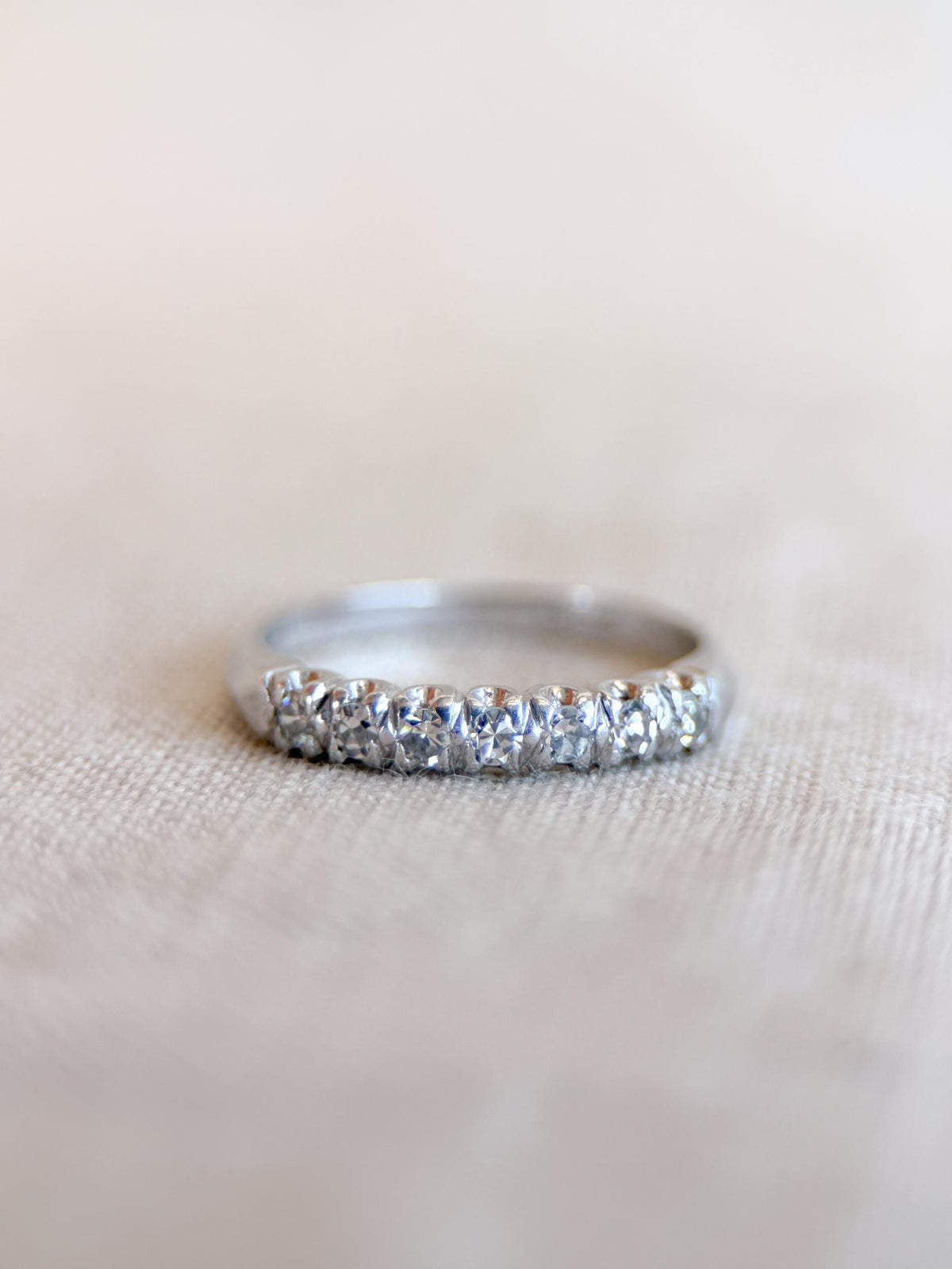 Vintage Diamond Wedding Band, Platinum, Antique Prong Set Minimalist Ring, Stacking Band