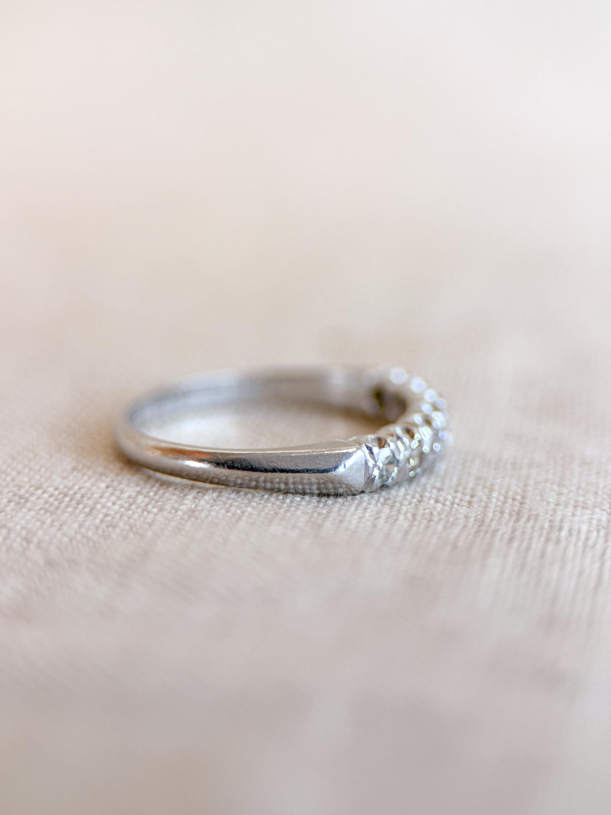 Vintage Diamond Wedding Band, Platinum, Antique Prong Set Minimalist Ring, Stacking Band