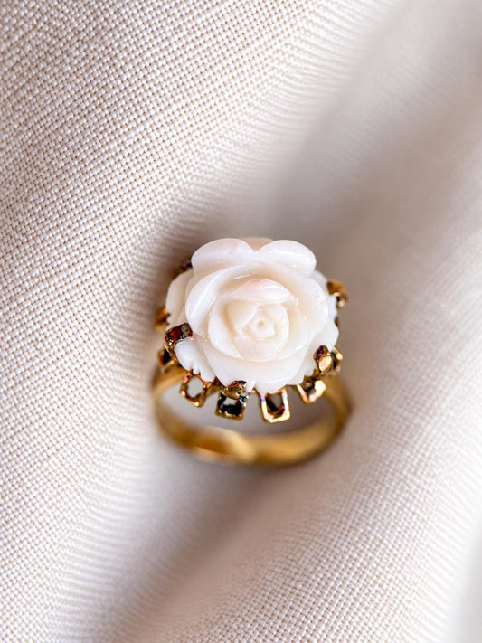 Vintage Coral Rose Ring, 9k Flower Statement Ring, Unique Floral Gemstone Jewelry