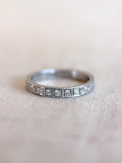 Vintage Diamond Wedding Band, Platinum, Art Deco Antique Filigree Minimalist Ring, Stacking Band